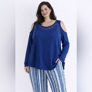 VENUS Royal Blue Cold Shoulder Long Sleeve Top